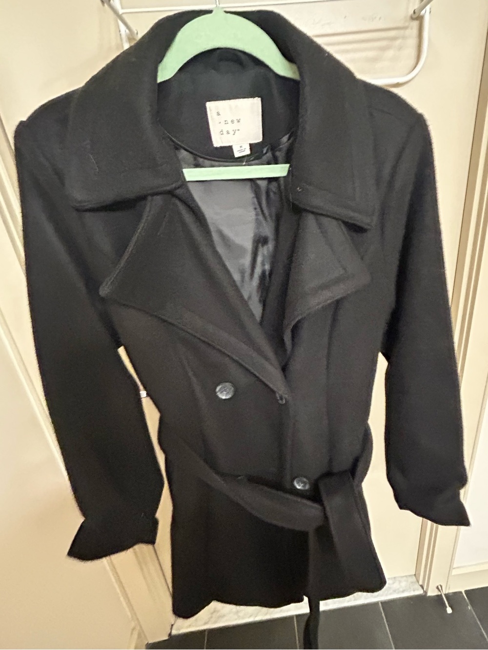 a new day Black Double-Breasted Pea Coat with Belt